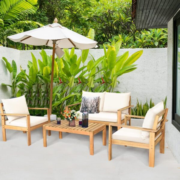 Tangkula Outdoor 4-Piece Acacia Wood Chat Set, 4 Seater Acacia Wood Conversation Sofa and Table Set with Water Resistant Cushions, Teak Finished (1, White) - Image 2