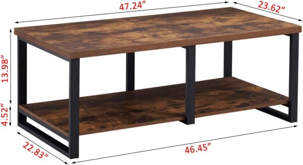 Industrial Coffee Table for Living Room, Sturdy Wood and Metal Cocktail Table with Open Storage Shelf, 47.2 inch Rustic Brown - Image 2