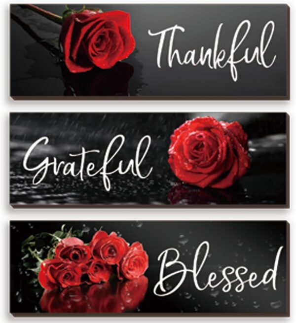 3 Pcs Red Bathroom Decor Red Rose Wall Art Inspirational Flower Wooden Signs Red and Black Bathroom Office Wall Decor with Thankful Grateful Blessed Quotes for Women Bedroom Kitchen(Red Rose12x4 Inch)