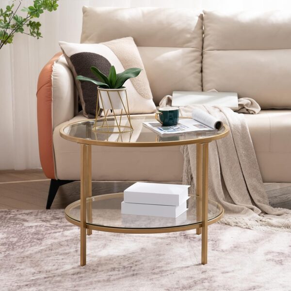VINGLI 25.6" Round Gold Coffee Tables for Living Room, 2-Tier Glass Top Coffee Table with Storage Clear Coffee , Simple & Modern Center Table for Small Space - Image 7