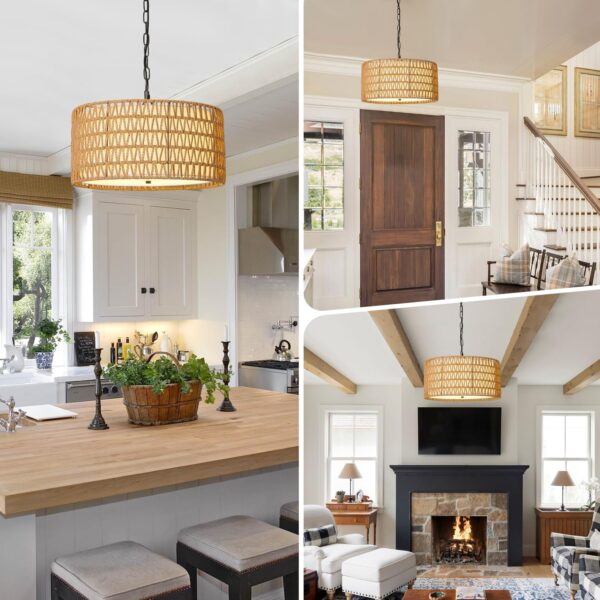 18.9'' Boho Chandelier Lighting for Dining Room, 5 Lights Rattan Chandelier with Fabric Shade, Rustic Large Pendant Light for Kitchen Island, Hand Woven Hanging Light Fixtures. - Image 7