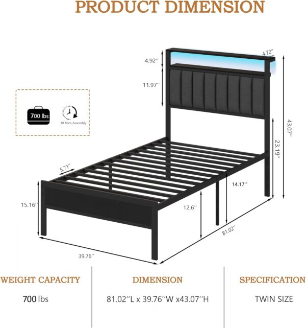 Furnulem Twin Size Bed Frame with Charging Station and LED Lights, Platform Bed with Metal Slats, Grey Upholstered Headboard with 2-Tier Storage Shelves, No Box Spring Needed - Image 2