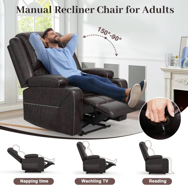 Recliner Chairs for Adults, Oversize Manual Reclining Chair with 2-Tier Cushions, Faux Leather Recliner Chair with Hidden Storage Space, Living Room Recliner Chairs with Cup Holders - Brown - Image 6