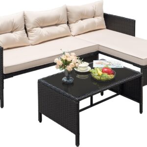 Greesum 3 Piece Patio Furniture Set Outdoor Wicker Rattan Sectional Sofa with Cushions & Coffee Table for Yard, Garden, Porch, Poolside, Beige