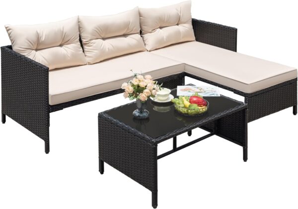 Greesum 3 Piece Patio Furniture Set Outdoor Wicker Rattan Sectional Sofa with Cushions & Coffee Table for Yard, Garden, Porch, Poolside, Beige