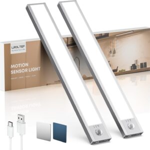 Under Cabinet Lights, 2 Pack Magnetic Dimmable Closet Lights, 32 LED 1500 mAh USB Rechargeable Battery Operated Motion Sensor Light Indoor, Wireless Under Counter Lights for Kitchen, Stairs