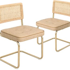 CangLong Mid-Century Modern, Natural Mesh Rattan Backrest, Upholstered Faux Leather Seat Armless Chairs with Metal Legs for Home Kitchen Dining Room, Set of 2, Beige