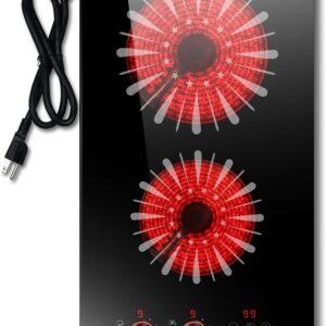 Karinear 110V Electric Cooktop 2 Burners, 12 Inch Electric Stove with Plug in, Countertop & Built-in Ceramic Stove Top, Knob and Sensor Touch Control, Multifunctional Radiant Stove