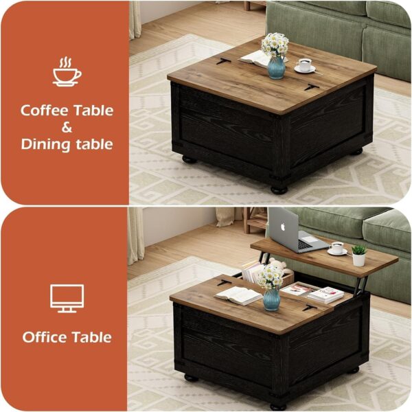Farmhouse Lift Top Coffee Table with Storage, Black Lift Top Coffee Table with Hydraulic Gas Rod, Large Lift Square Top Coffee Table with Wood Gourd Feet, Coffee Table with for Living Room - Image 4