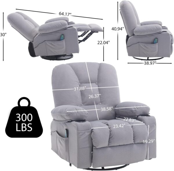 Recliner Chair for Adults, Rocker Recliners with Massage and Heat, Fabric Overstuffed Swivel Glider with Cup Holder Side Pocket, Manual Reclining Sofa Chair for Living Room - Image 2