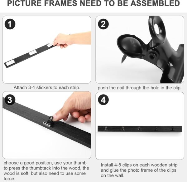 6 Picture Frames Collage Wall Decor With 30 Clips, Wood Photo Frame, No Drilling Required, Adhesive Stickers, Easy to Install, Black. - Image 4