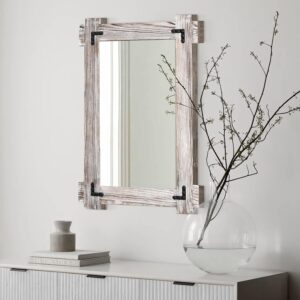 Rustic Mirror Wood Mirror for Bathroom, Decorative Framed Wall Mirror, Farmhouse Natural Vanity Mirror, Wall Mounted Rectangular Mirror for Bedroom Living Room, Wood Mirror Small 20x30 Inch, White