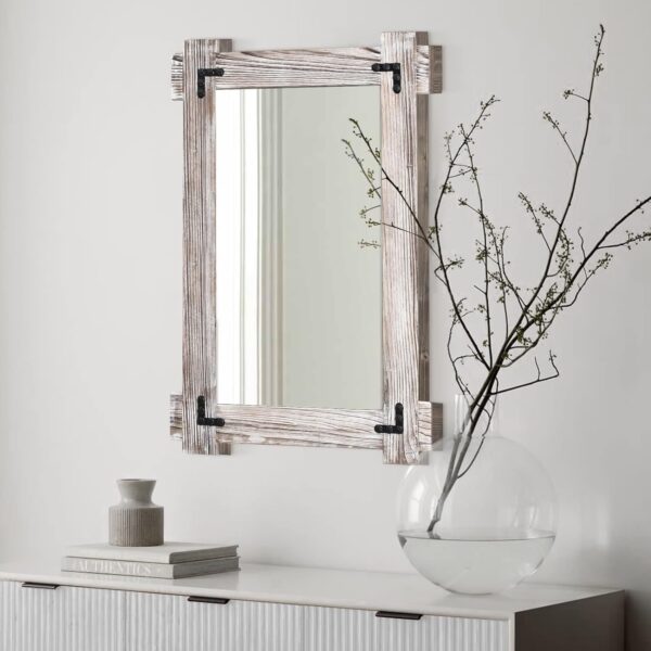 Rustic Mirror Wood Mirror for Bathroom, Decorative Framed Wall Mirror, Farmhouse Natural Vanity Mirror, Wall Mounted Rectangular Mirror for Bedroom Living Room, Wood Mirror Small 20x30 Inch, White