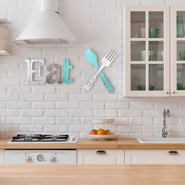 Set of EAT Sign, Fork and Spoon Wall Decor, Rustic Wood Eat Decoration, Cute Eat Letters for Kitchen and Home, Decorative Hanging Wooden Letters, Country Wall Art for Dining Room (Delicate Colors) - Image 4