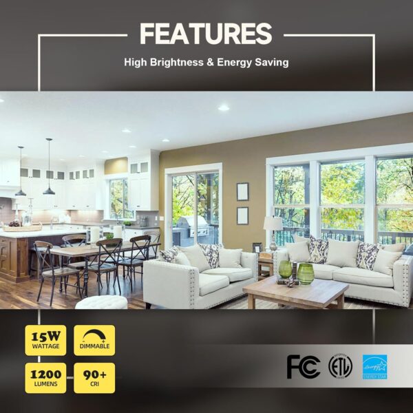 ECOELER 6 Inch LED Recessed Ceiling Light with Junction Box, Slim LED Dimmable Downlight with Baffle Trim, 5000K Day Light, 15W 1200LM, ETL & Energy Star Listed, 6 Pack - Image 3