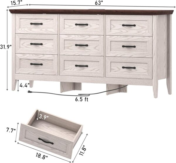 Farmhouse 9 Drawers Dresser, 63` Wood Dresser for Bedroom Wide Chest of Drawers, French Country Storage Double Dressers Organizer for Bedroom, Living Room, Nursery(Beige) - Image 3