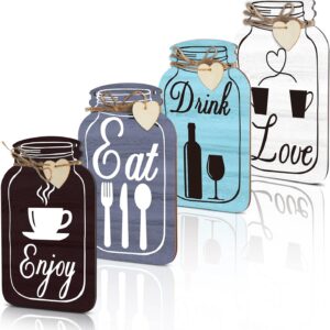 Yalikop 4 Pcs Wooden Kitchen Wall Decor Eat Drink Enjoy Love Wood Sign Mason Jar Shaped Wooden Rustic Home Decor for Home Kitchen Dining Room Decor (Gray, White, Blue, Dark Brown, Retro Style)