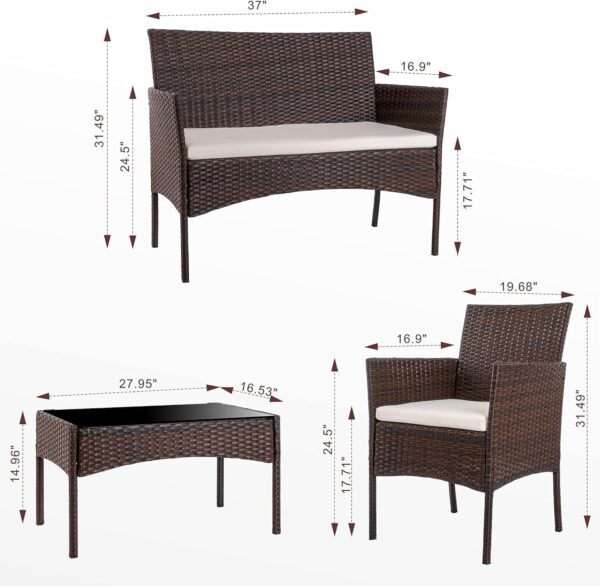 Shintenchi 4 Piece Outdoor Patio Furniture Sets, Small Wicker Patio Conversation Furniture Rattan Chair Set with Tempered Glass Coffee Table for Backyard Porch Garden Poolside Balcony - Image 5