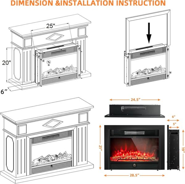 LDAILY 28" Electric Fireplace, Wall Mounted/Recessed Electric Fireplace Heater with Remote, 3-Color Adjustable Flame, 5 Brightness, 8 H Timer, 750/1500W Freestanding Electric Fireplace Inserts, Black - Image 7