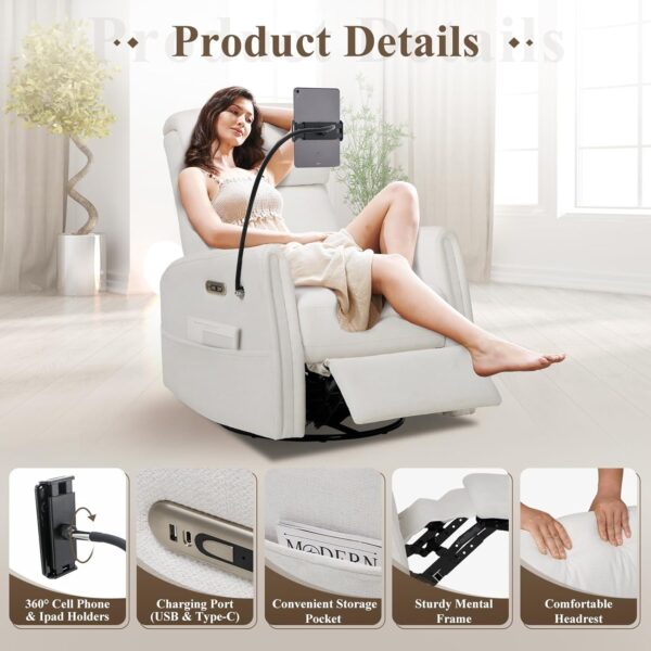 COLAMY Power Swivel Glider Recliner Chair, Nursery Rocking Chair, Living Room Chair, 270° Swivel 145° Recliner Chair with Built-in Charging Ports for Living Room, Apartment, Home, White - Image 6