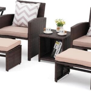 OC Orange-Casual 6 Piece Patio Wicker Furniture Set, Balcony All Weather Rattan Chair, with Space Saving Ottoman, Resin Nesting Coffee Table, Modern Design, Beige
