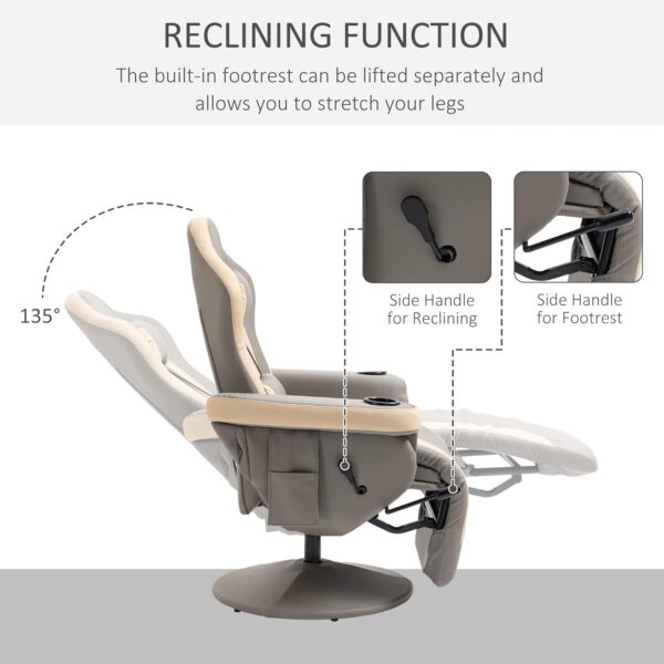 HOMCOM Manual Recliner Armchair PU Leather Lounge Chair w/Adjustable Leg Rest, 135° Reclining Function, 360° Swivel, Cup Holder and, Storage Pocket - Image 4