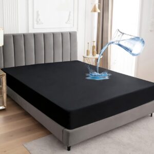 Sufdari Mattress Protector,Waterproof 18" Deep Pocket Mattress Cover Fitted Sheet Style with Elastic Rubber Band,Washable and Easy Care-Black,Queen