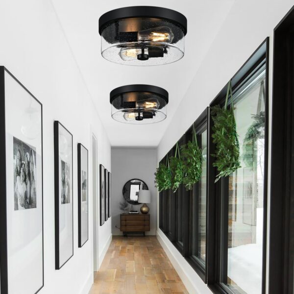 Black Flush Mount Ceiling Light Fixtures, 2-Light Ceiling Mount for Farmhouse with Seeded Glass Lampshade, Industrial Flush Mount Light Fixture Farmhouse for Hallway, Kitchen, Entryway and Foyer - Image 4