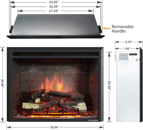 PuraFlame Western Electric Fireplace Insert with Fire Crackling Sound, Remote Control, 750/1500W, Black, 33 1/16 Inches Wide, 25 9/16 Inches High - Image 2