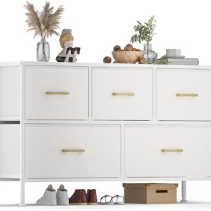 Dresser for Bedroom with 5 Drawers, White Dresser for Closet, Living Room, TV Stand, Nursery, Chest of Drawers with Sturdy Steel Frame, Leather Finish, Wood Top (Glacier White)