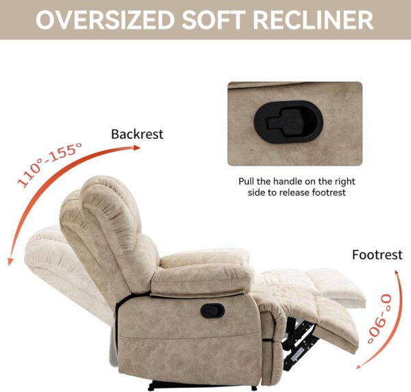 LUXLEN Large Manual Recliner Chair,Soft Fabric Push Back Recliner with Overstuffed Armrest and Backrest, Living Room Single Sofa Recliners,Grey - Image 3