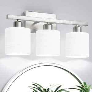 PARTPHONER Bathroom Light Fixtures, Bathroom Lighting Fixtures Over Mirror, Classic Vanity Lights, Modern Bathroom Vanity Light with Textured Frosted Opal White Glass Shades, Brushed Nickel, 3-Light