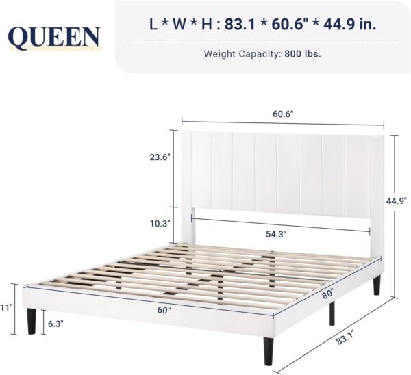 Allewie Queen Bed Frame/Velvet Upholstered Bed Frame with Vertical Channel Tufted Headboard/Strong Wooden Slats/Platform Bed Frame/Mattress Foundation/Box Spring Optional/Easy Assembly/White - Image 2