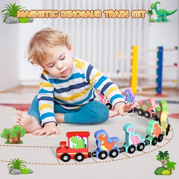 Toys for Toddlers, 11 Magnetic Wooden Dinosaur Train Set, Montessori Toys for Toddlers, Preschool Educational Material for Kids, Birthday Gifts for Boys, Girls - Image 2