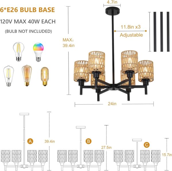 Airposta Rattan Farmhouse Chandelier for Dining Room, Black Pendant Lights Kitchen Island Lighting, Boho Chandeliers Ceiling Hanging Lamp, Rustic Dining Room Light Fixture for Living Room Bedroom Hall - Image 2