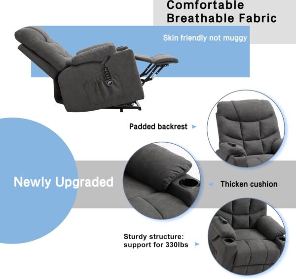 Power Lift Recliner Chair with Massage & Heat for Elderly, Linen Fabric Lazy Recliner Sofa Chairs with Cup Holders/USB/Side Pockets for Living Room, Dark Grey - Image 6
