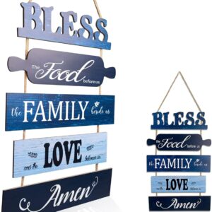 Farmhouse Kitchen Signs Wall Decor, Bless the Food Before Us Sign, Rustic Dining Room Wall Plaques, Blue Country Wall Hanging Wood Sign, Large Inspirational Wall Art for Living Room Bedroom