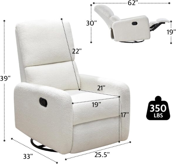 Jocisland Swivel Glider Rocking Recliner, Nursery Chair for Adults with 2 Massage Points, Rocker Reclining Single Sofa Armchair for Living Room Bedroom Nursing (Teddy, White) - Image 3