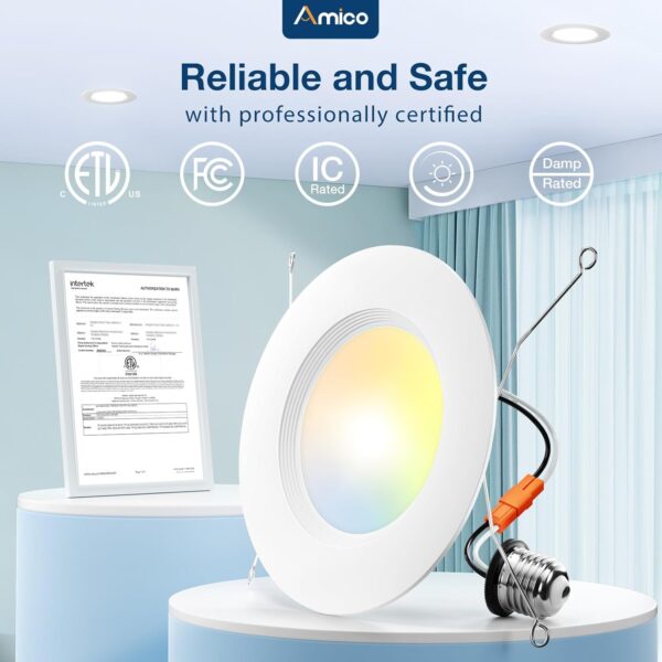 Amico 24 Pack 5/6 inch 5CCT LED Recessed Lighting, Dimmable, 12.5W=100W, 950LM, 2700K/3000K/4000K/5000K/6000K Selectable, Retrofit Can Lights with Baffle Trim, IC Rated - ETL & FCC, White - Image 6