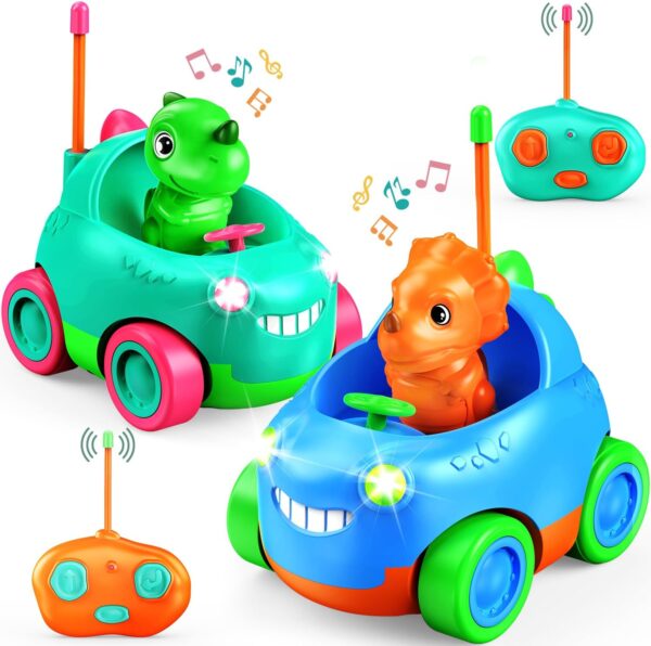 Toddler Remote Control Car, Two Cartoon RC Cars for Toddlers, Dinosaur Toys for Kids 3-5, Birthday Gift for Boys & Girls, Car Toys with LED Lights & Music, Blue