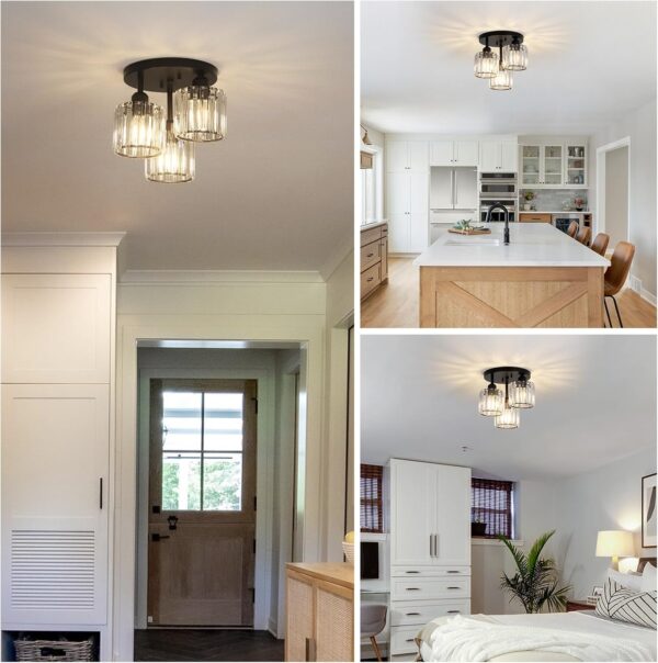 Crystal Semi Flush Mount Ceiling Light,3-Light Modern Close to Ceiling Light Fixtures,Black Kitchen Light Fixtures with Clear Crystal Shade,Hallway Light Fixtures for Hallway Bedroom Bathroom - Image 7