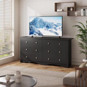 Furmax TV Stand, Entertainment Center with 6 Wood Drawers for Bedroom, Media Console Table for TV up to 65 inch, Double Dresser for Living Room Hallway Entryway (Black)