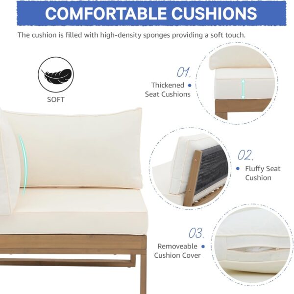 Soleil Jardin 4 Piece Acacia Wood Patio Furniture L-Shaped Outdoor Sectional Sofa Set with Coffee Table, FSC Certified Conversation Set with Built-in Side Table and Cream White Cushions for Garden - Image 5