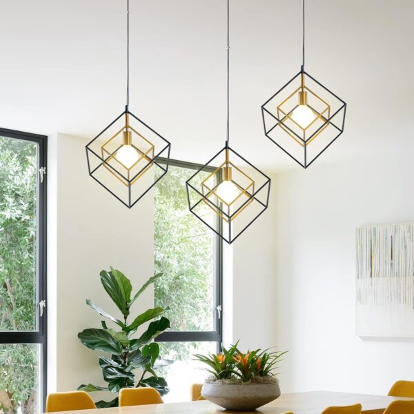 Modern Geometric Chandelier, 1-Light Metal Pendant Light Fixture Black Brass Hanging Ceiling Light Industrial Farmhouse Cube Lighting for Kitchen Island Entryway, E26 Base - Image 2