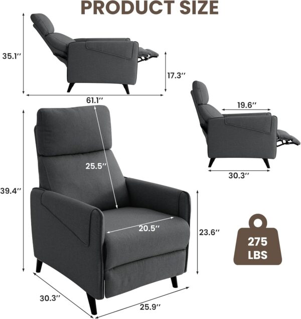 RISAR Pushback Recliner Chair，Modern Single Recliner Chair，with Adjustable Footrest and Thick Cusion,Backrest,for Living Room, Bedroom,Office (Grey) - Image 2
