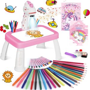 Hoarosall Drawing Projector for Kids, Drawing Board with Music, Color Pens, Pencils, Crayons, Scrapbook, Sticker Book, Unicorn Stickers, Stamps, Ideal Toy for 3+ Year Old Girls & Boys (Unicorn Kit)