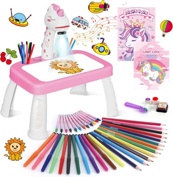Hoarosall Drawing Projector for Kids, Drawing Board with Music, Color Pens, Pencils, Crayons, Scrapbook, Sticker Book, Unicorn Stickers, Stamps, Ideal Toy for 3+ Year Old Girls & Boys (Unicorn Kit)