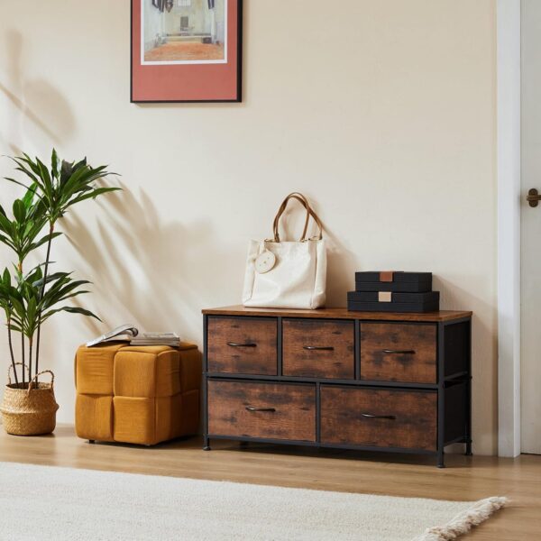 OLIXIS Organizer Storage 5, Chest of Drawers with Fabric Bins, Long Dresser with Wood Top for Bedroom, Closet, Entryway, 11.87" D x 38" W x 20.87" H, Rustic Brown - Image 2
