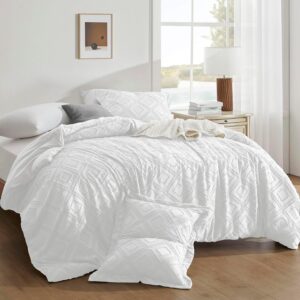 downluxe Boho Duvet Cover Queen - Embroidery Shabby Chic Queen Duvet Cover Set for All Seasons, 3 Pieces Tufted Boho Bedding, Comforter Cover with Zipper (White 04, Queen, 90" x 90")