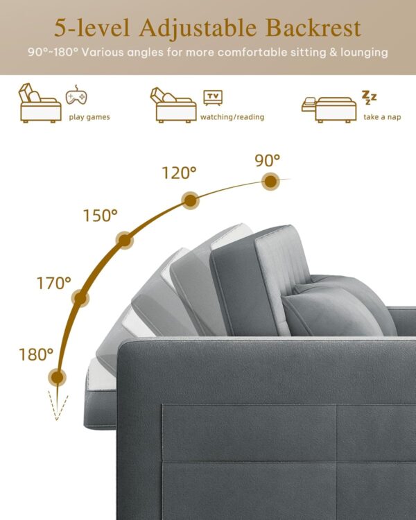 YITAHOME 55" Convertible Sofa Bed, Velvet Sleeper Sofa with Pull-Out Bed, 3-in-1 Futon Couch with Reclining Backrest and Side Pocket, Modern Loveseat for Living Room, Grey, Full Size - Image 4